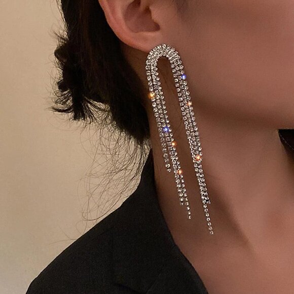 Womens Rhinestone Tassel Decor Drop Earrings - Picture 1 of 3